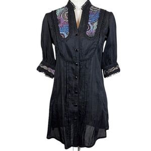 Kenzo Silk Blend Embellished Blouse Black with Rhinstones / Eyelet Detail Medium